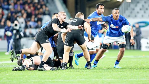 Manu Samoa never quit, but somehow the All Blacks smartly and frequently found a way to they try line in the second half.  The New Zealand All Blacks defeated Manu Samoa 15s 78-0 at Eden Park, Auckland, New Zealand.  [Photo: Barry Markowitz]