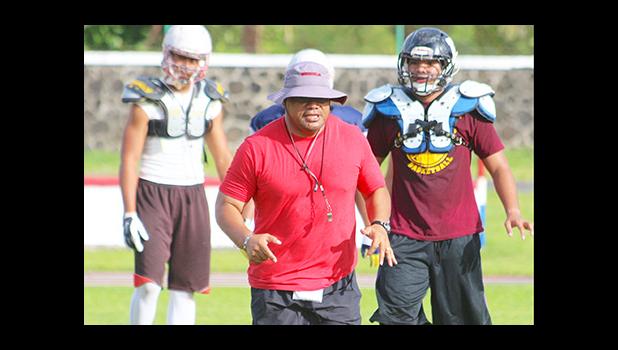 Head Coach of the American Samoa All-Star Football Team, Pati Pati running towards the sidelines after placing the ball at the line of scrimmage – during the All-Star practice session at the Veterans Memorial Stadium, this past Tuesday. [photo: TG]