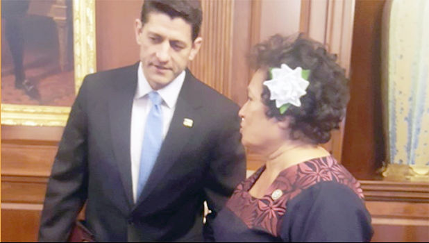 Congresswoman Amata and House Speaker Ryan discuss the need for healthcare reform in the U.S. territories  in the U.S. Capitol building on Wednesday. [courtesy photo]