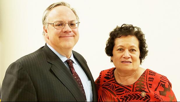 In this Samoa News file photo, U.S. Secretary of the Interior David L. Bernhardt is pictured with Congresswoman Aumua Amata.