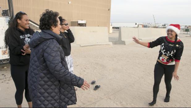 Congresswoman Aumua Amata (AS), meets with U.S. Army Soldiers from the 962nd Quartermaster Company (Mortuary Affairs), out of Fort Shafter, Hawaii, Dec. 25, 2018, Camp Arifjan, Kuwait. Congressional delegates from American Samoa, New York, Pennsylvania and Texas were in Kuwait to visit troops during the holidays. (U.S. Army Photo by Sgt. James Lefty Larimer) Congresswoman Aumua Amata (AS), meets with U.S. Army Soldiers from the 962nd Quartermaster Company (Mortuary Affairs), out of Fort Shafter, Hawaii, Dec. 25, 2018, Camp Arifjan, Kuwait. Congressional delegates from American Samoa, New York, Pennsylvania and Texas were in Kuwait to visit troops during the holidays