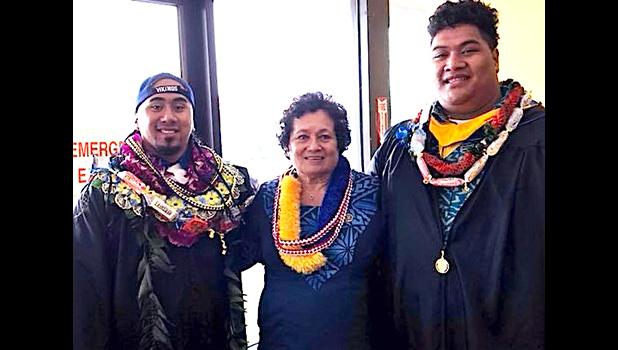 Congresswoman Aumua Amata with North Park University graduates Stephen B. Maifea and Leuatea I. Fai’ai. Amata personally presented the two graduates with their diplomas, honoring their achievements. Samoa News congratulates both graduates and wishes them success into the future. [photo: courtesy]