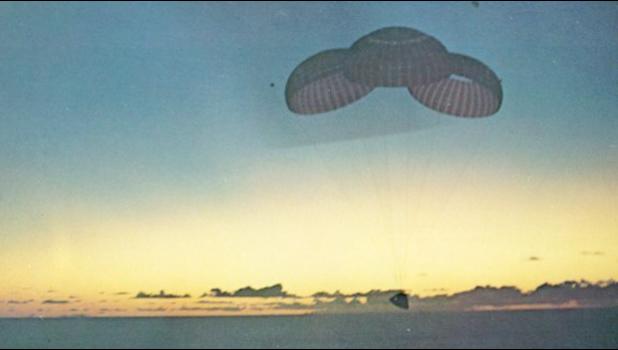  Dawn was just breaking as Apollo 10 gently floated down into the Pacific 395 miles east of Pago Pago