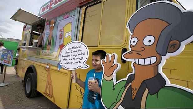 In this March 15, 2015, file photo, an Apu cutout is displayed at a Simpsons Kwik-E-Mart Truck in Austin, Texas. Comedian Hari Kondabolu released a film, “The Problem With Apu,” documenting stereotypes he saw with the character and its effect on South Asian entertainers. (Deborah Cannon/Austin American-Statesman via AP, File) In this March 15, 2015, file photo, an Apu cutout is displayed at a Simpsons Kwik-E-Mart Truck