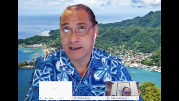 Wespac Chairman Archie Soliai participates in a video conference 