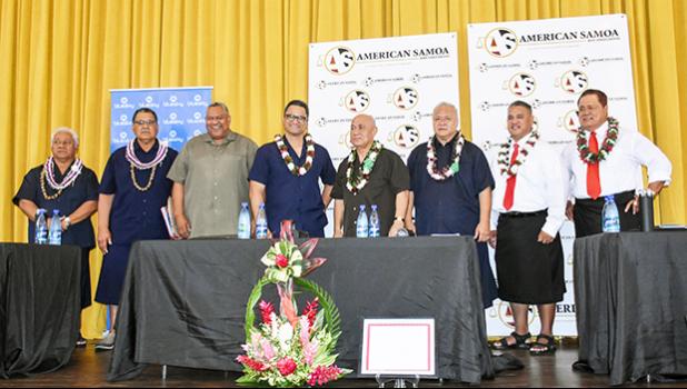The teams (l-r] on stage: Sen. Fai’ivae Iuli Godinet, candidate for lieutenant governor and running mate candidate for governor, Senate President Gaoteote Tofau Palaie; candidate for governor; Lt. Gov. Lemanu Peleti Mauga candidate for governor and Talauega Eleasalo Va’alele Ale for lieutenant governor; I’aulualo Fa’afetai Talia candidate for governor and Tapaau Dr. Dan Mageo Aga as lieutenant governor; and Tapumanaia Galu Satele Jr., for lieutenant governor and candidate for governor, Nuauaolefeagaiga Saol