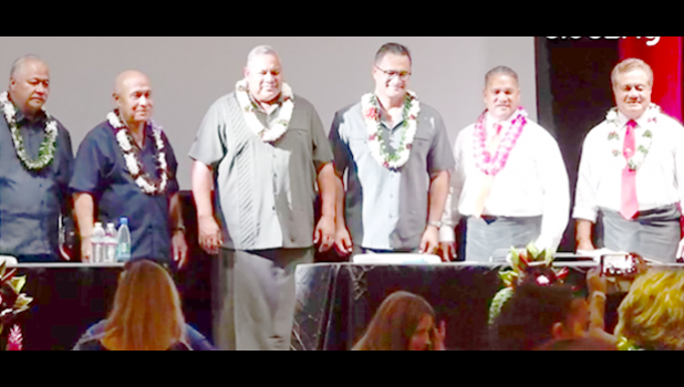  [l-r]: candidate for lieutenant governor Tapaau Dr. Dan Mageo Aga, and candidate for governor, I’aulualo Fa’afetai Talia; candidate for governor Lt. Gov. Lemanu Palepoi Sialega Mauga and candidate for lieutenant governor Talauega Eleasalo Va’alele Ale; and candidate for lieutenant governor Tapumanaia Galu Satele Jr. with candidate for governor Sen. Nuanuaolefeagaiga Saoluaga T. Nua.  
