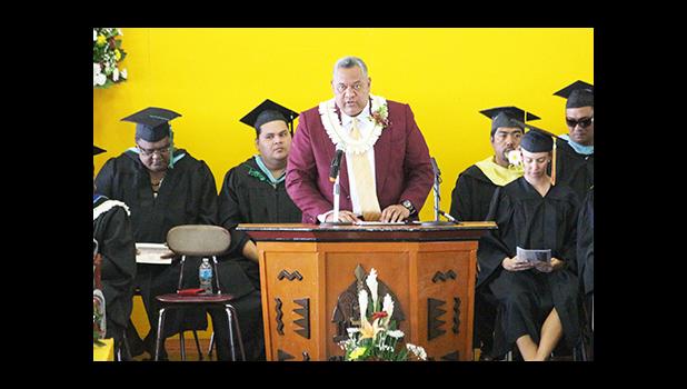Lt. Governor Lemanu Peleti Mauga during his special remarks at the 65th ASCC Commencement Ceremony last Friday morning. He advised graduates, “If you want to go fast, go by yourself; if you want to go far, go together.”   [photo: TG]