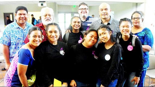 Miss ASCC Grace Lagai (front, far left) and members of the judging panel congratulate the Samoana High School students 