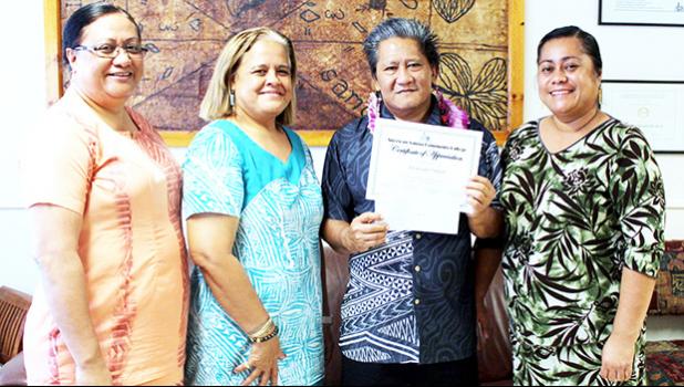 Mr. Eleasalo Sialoi (2nd right)l –r) Vice President of Academic and Student Affairs Mrs. Letupu Moananu, ASCC President Dr. Rosevonne Pato, and Human Resources Director Mrs. Sereima Asifoa.