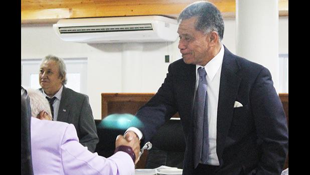 Local Department of Homeland Security director Samana Semo Ve’ave’a shaking hands with senators following a Senate committee hearing where the director was asked by Sen. Tuaolo Manaia Fruean about why ASDHS agents are present at the Pago Pago International Airport. Local Department of Homeland Security director Samana Semo Ve’ave’a shaking hands with senators following a Senate committee hearing