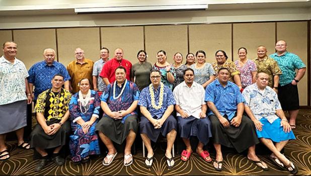 (Standing L-R) Director Taotasi Soliai, Tapaau Dr. Dan Aga, Deputy Legal Counsel Terry VanEaton, CEO Wallon Young, Chief of Staff Loa Tuimavave T. Laupola, Selena Sionesene, Fitilagi Togiola, Jasmine Muasau, La’a Lauina, Talimeli Taufetee, Angel Vaimauga, Medical Clinic Director Elizabeth Lauvao, So’o Moliga, Director Faamao Asalele (Seated L-R) Tau Thompson, Faletua Vaai, Dr. Upolu Vaai, Honorable Talauega E.V Ale, Seminarian Paul Collins, Tito Tito, and Sao Ifopo ASG delegation in Fiji with Am Samoa students