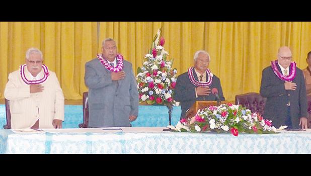 [l-r] Senate President Tuaolo Manaia Fruean, Gov. Lemanu Peleti Palepoi Sialega Mauga, House Speaker Savali Talavou Ale and Chief Justice Michael Kruse
