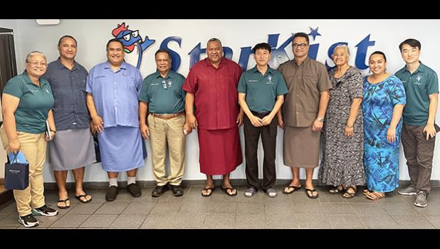  (L-R) Starkist HR/Safety Manager, Molly Schuster; DMWR Director Taotasi Archie Soliai; Attorney General Fainuulelei Falefatu Alailima Utu; StarKist Senior Manager Faafoi Palepua; Governor Lemanu; StarKist Plant Director Kim; Lt. Gov.  Talauega Eleasalo Ale Ale; Chief Immigration Officer Fagamalama Fualaau; Commerce Department director Petti Matila; and StarKist Environmental Associate Manager Edmund Kim.  