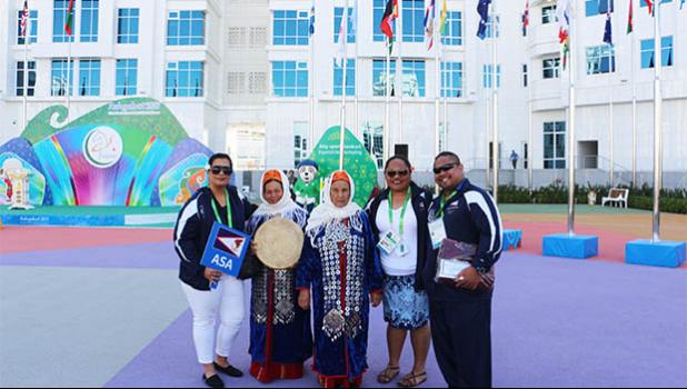 Team AS with Turmenistan dancers after official team welcoming ceremony. (Photo:ASNOC\TCA) Team AS with Turmenistan dancers after official team welcoming ceremony. (Photo:ASNOC\TCA)