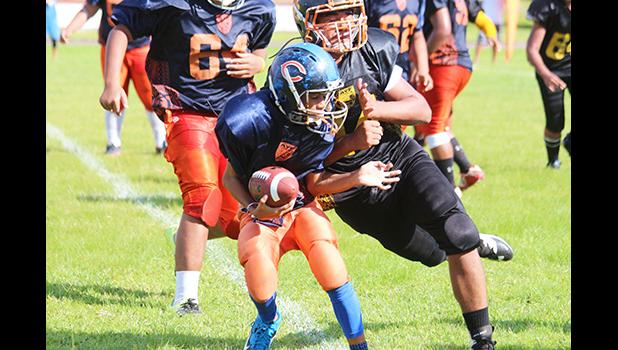Tony Jameson of the AYFS Bears crossing the goal line for his first touchdown of the game just before getting hit hard by the Steelers Joseph Nanai in the opening half of their match last Saturday morning at the Veterans Memorial Stadium. Jameson helped the Bears in their 41 - 6 routing of the Steelers.  [photo: TG]