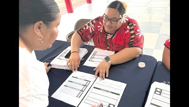 2024A poll worker explains the ballots to a voter in Tuesday’s General Election where American Samoa’s Congressional Delegate, the Governor and Lt Governor, along with most House Representatives were chosen. election offficial explaining the ballot