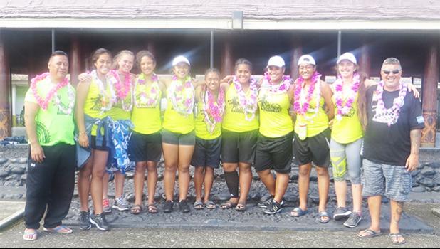 American Samoa's Under-17 (U17) National Women’s Beach Handball Team with head coach Carl Floor Sr., (far right) who is also president of the American Samoa Handball Association, and coach Joey Sagapolu (far left), on Wednesday at the Pago Pago International Airport when the group arrived home from the 2017 Under 17 Beach Handball World Championship Games in the Republic of Mauritius. The team has clinched a spot in the October 2018 Youth Olympic Games in Buenos Aries, Argentina.  [photo: Leua Aiono Frost]