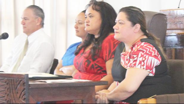  South Pacific Distribu¬tors general manager Mike Tolmie, G.H.C Reid & Co. acting general manager Cherith Lober, G.H.C. Reid president Olivia Reid-Gillet, TMO vice president Francine Gaisoa-Liulevaega, appeared Tuesday during a Senate Budget and Appropriations Committee hearing on three of five administration bills in the Fono. [photo: FS]