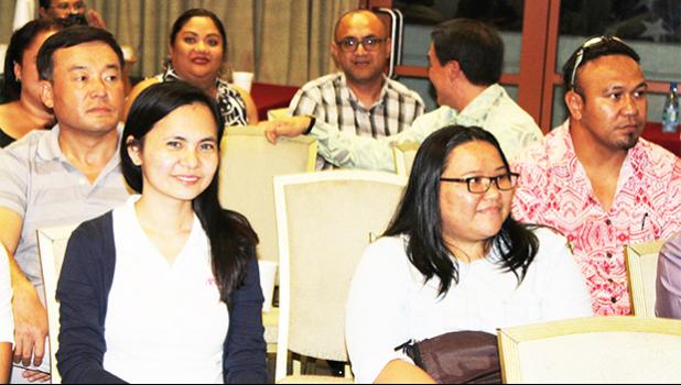 Some of the estimated 25 business representatives who attended Wednesday night’s Chamber of Commerce general membership meeting, where the ASG Revenue Task Force presented its revenue measure proposals submitted by the governor to the Fono. Also in attendance was Fono legal counsel, Nathaniel Savali (far right-back row), who was there as an observer.  [photo: FS]