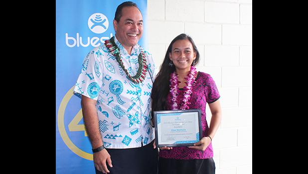 Bluesky Pacific Group chief executive officer Toleafoa Tiafau Douglas Creevey (left) pictured last Friday, with Pacific Horizons Schools graduate Cher Nomura