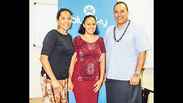 [l-r] Christinna Lutu Sanchez and her daughter, Karlinna S. Lutu Sanchez, along with Bluesky Pacific Group chief executive officer Toleafoa Tiafau Douglas Creevey. 