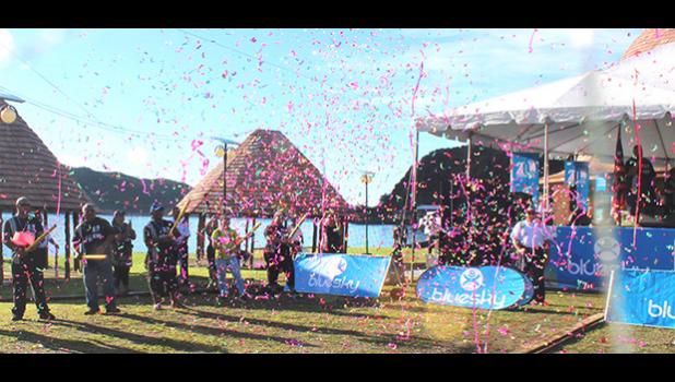 Confetti in the air at the start of Bluesky Communication's birthday bash.
