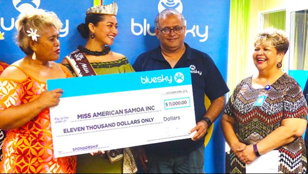Miss American Samoa Inc. (MASI) president Meafou Imo; Miss Pacific Islands Matauaina Toomalatai, who is also the reigning Miss American Samoa; Bluesky Communications country manager, Raj Deo; and Bluesky Customer Service Manager Sherry Sele