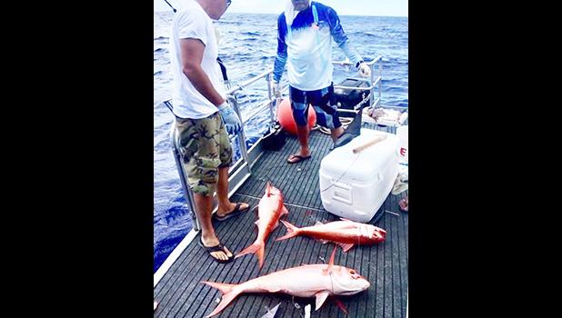 Two men looking at bottom fish on board a boat
