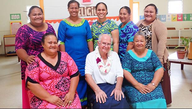 (Standing l-r) Tupu Lualemaga, Imeleta Kelekolio, Faith Afu, Fofo Leo, and Tovale Telesa. (Seated, l-r) principal Maria Telesa, Brother Chris, and Vine Atafua.