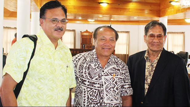 [l-r] Sen. Paepae Iosefa Faiai; House Budget and Appropriations Committee chairman, Rep. Vailiuama Steve Leasiolagi; and Senate Budget and Appropriations Committee chairman Sen Magalei Logovi’i, at the conclusion of the Fono joint budget committee hearing last Friday, which is co-chaired by Vailiuama and Magalei.  [photo: FS]