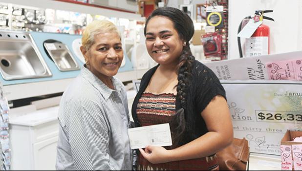 Two stipend recipients, who were present during the Neil’s ACE Home Center presentation of the results of their Holiday Angels Fundraiser — which netted $26,333.72. They are Darlene Tauaese (left), a breast cancer patient who is going back to Seattle for follow up soon; and Juliette AhChing, the sister of 17-year-old Peter Ah Ching of Vaitogi who was recently diagnosed with osteosarcoma. Peter is putting up a brave fight at the Kapi’olani Womens & Childrens hospital in Honolulu, with the support of his moth