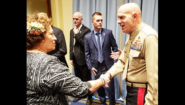 Congresswoman Amata greeting Commandant of the Marine Corps Gen. David Berger at the Marine Corps birthday reception. [photo: courtesy Congresswoman Amata greeting Commandant of the Marine Corps Gen. David Berger