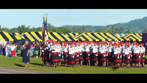 DPS Commissioner Le'i Sonny Thompson, with the Fiafia Guard during Wednesday's 2019 Flag Day celebratiobn.