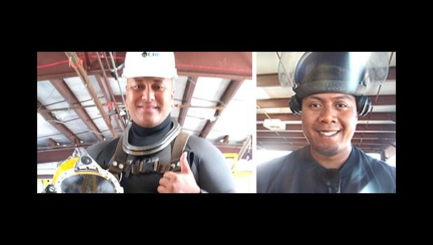 Photos of Peter Taliva’a, from Leloaloa/ Aunu’I Island, and Richard Salanoa, from Tula/ Fagaalu in dive suits