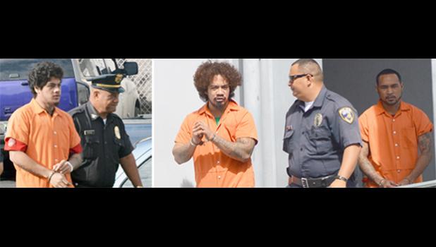 (L) Chief of Police, Foifua Foifua escorting prison escapee Joe Togitogi to the High Court last week.  (R) A DPS police officer escorting prison escapees Joseph Iosefa Iakopo and Ryan Pite outside of the High Court last week