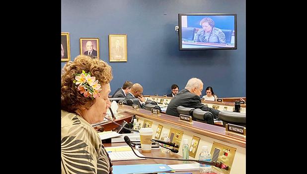 Congresswoman Amata speaking into microphone in committee room.