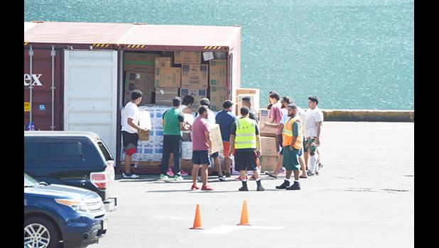 Port workers and Customs officers inspect a mixed cargo container.