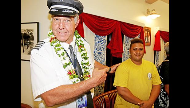 Hawaiian Airlines Captain, Kevin Hardin, was happily surprised to meet Alton Halani Fa’asala, born ironically almost exactly 29 years ago, on a long ago flight Hardin flew to American Samoa.    [Photo by Barry Markowitz, 2/5/18]