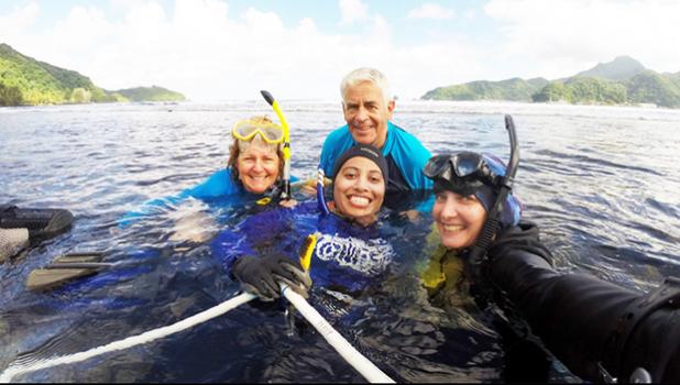 Dr. Charles Birkeland and Dr. Alison Green with local scientists Motusaga Vaeoso and Alice Lawrence were in the water, completing the Aua Transect survey for the program’s 100th anniversary celebration last week. The survey is the oldest survey of a coral reef in the world. [photo: courtesy]
