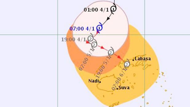 Cyclone Mona track near Fiji