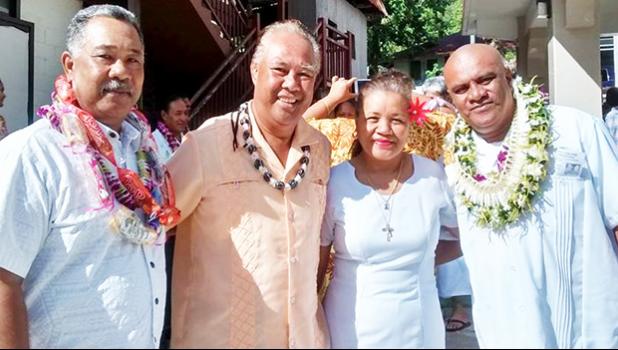 Local musician Ulale Ulale with other dads from the Fagaalu Catholic Church following yesterday's special mass celebrated at the St. Joseph the Worker Co-Cathedral in Fagatogo, to honor all dads for Father's Day 2017  [photo: BC]