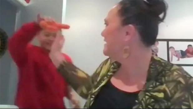 The moment when NZ minister Carmel Sepuloni's son crashed her live TV interview. Son with carrot and mom trying to grab it