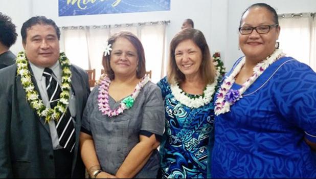 In this Samoa News file photo,  ASCC President Dr. Rosevonne Makaiwi-Pato after she delivered the keynote address for Manual Academy’s 8th grade graduation last week. (L-r) Pastor Lemmy Seumanu, Dr. Makaiwi-Pato, Donna Gurr -Vice Chairperson of the Manumalo Academy school board, and board member Tish Peau. [photo: Blue Chen-Fruean]
