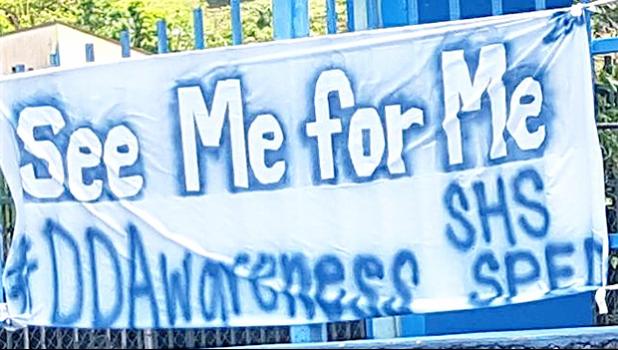 In support of Developmental Disability Awareness Month 2018, Samoana High School has on display, facing the main road on the fence around the gymnasium, signs that relay strong, powerful  messages. This particular sign reads: "See Me For Me." March is Developmental Disability Awareness Month in the territory and there are a host of activities scheduled for this week, as part of this year's recognition. [photo: Blue Chen-Fruean]