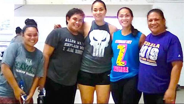 Pictured are Taebo Defense instructor Talaleomalie Mortenson (center); Zumba instructor Erica Afalava Magalei (2nd from right); and Angels Against Violence coordinator Tanya Ma’o-Aab (far right), with two program participants