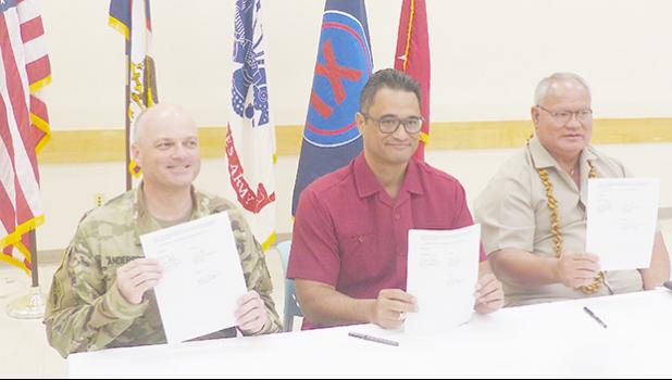 [l-r] Brig. Gen. Douglas F. Anderson, Commander of the US Army 9th Mission Support Command; Attorney General Talauega Eleasalo V. Ale, who is the acting governor; and Police Commissioner Le’i Sonny Thompson