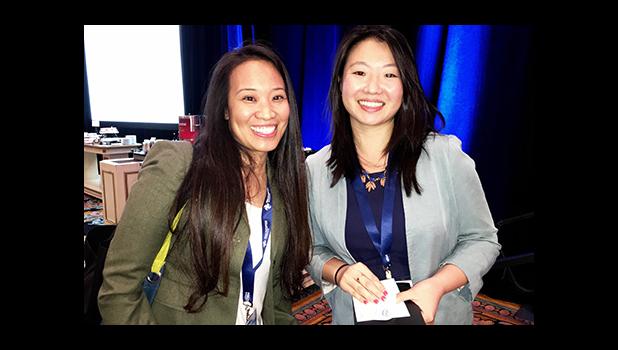 Jan Pascual, an IT professional and aspiring drone professional, enjoyed a private chat with one of InterDrone 2016 "Women in Drones" luncheon speakers, Natalie Cheung, UAV Product Manager, Perceptual Computing Group Intel Corporation at the events conclusion.  [Photo: Barry Markowitz]
