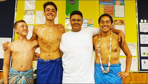  St Peter's College Samoan Polyfest group members Abe Golds-Uili (left), William Morrison, Eddie Tongalahi, and Caerwyn Tomuli Liuliu-Afoa. [Photo: RNZ / Laura Tupou] 