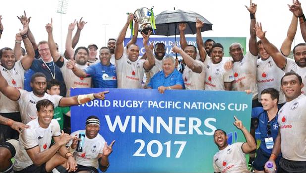  Fiji celebrate winning their third straight Pacific Nations Cup title. [Photo: Oceania Rugby] 